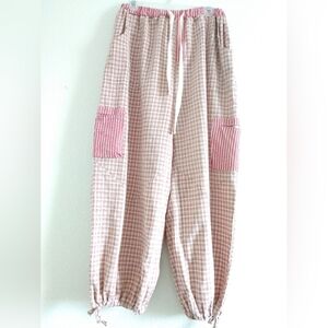 Cute Beach Lounge Pants Casual Brown Gingham Drawstring Waist Cuffs Size Large